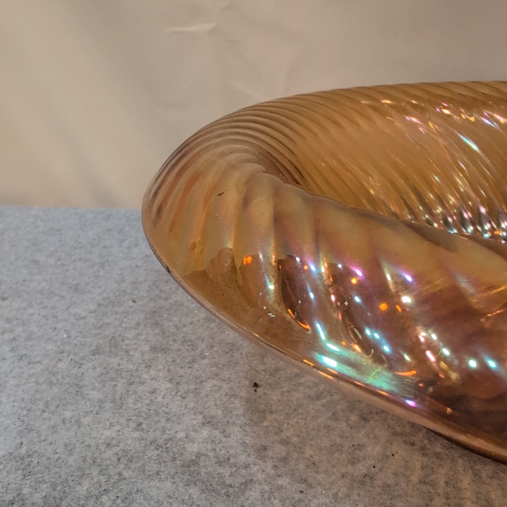 Vintage Marigold Iridescent Carnival Glass Swirl Ribbed Decorative Bowl - Picture 6 of 8